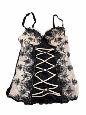 70s European Vintage Embroidered Lace Corset Longline Bustier Black/Cream/Pink M